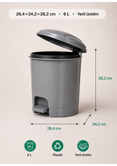 Gri Pedallı Çöp Kovası 6 L - İçi Kovalı Küçük Boy Banyo, Tuvalet Ve Ofis Tipi Modern Çöp Kutusu
