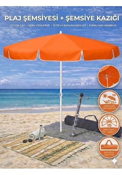 Form Outdoor Plaj Şemsiyesi + Şemsiye Kazığı + Taşıma Çantası Hediyeli Turuncu