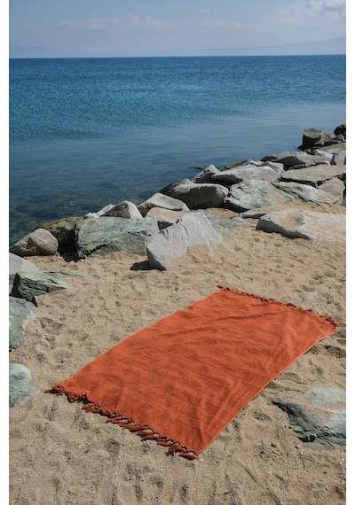 Coastline Kiremit Çift Tarafı Bukle 100x180 Cm Boyasız %100 Organik Pamuk Saçaklı Plaj Havlusu Kiremit