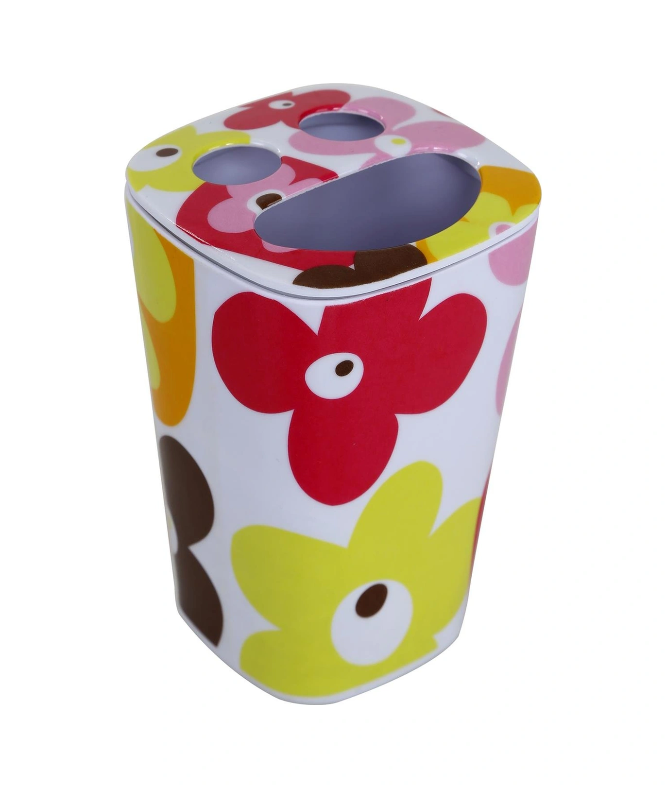 2 Adet Diş Fırçalık Kırmızı Papatya Melamin 7x7x11cm Banyo Seti Çok Renkli