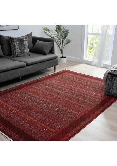 Bordo Kırmızı Etnik Şerit Desenli Modern Halı - Nk0259ba Bordo - Kırmızı