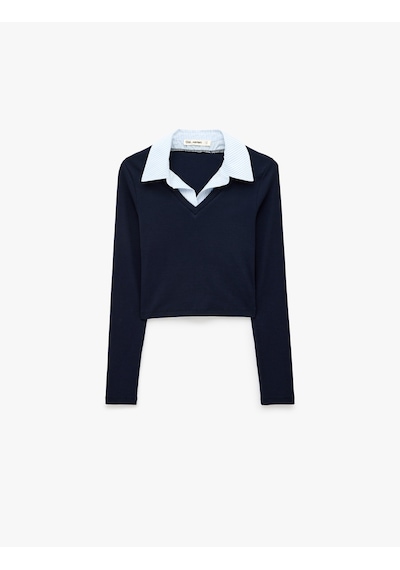 Koton Pamuklu Gömlek Yaka Katlı Slim Fit Uzun Kollu Tişört Lacivert 7wal10124ık