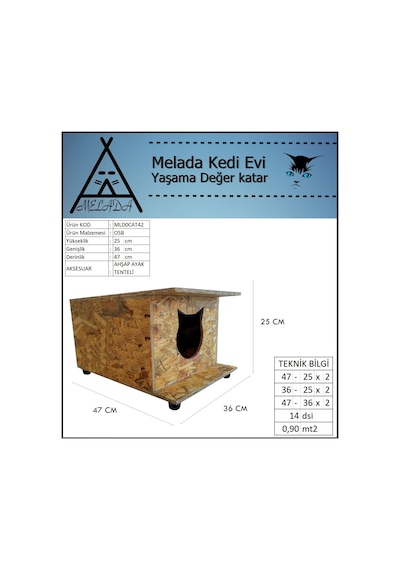 Melada Kedi Evi Dış Ortam Uygun Ahşap Kedi Evi Osb 47x36x25 Cm