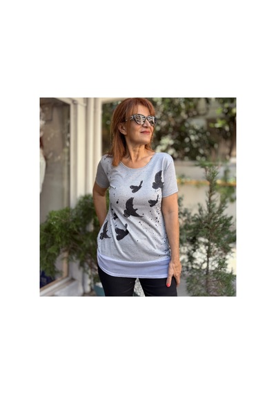 Denizege Siyah Kuş Desen Bluz Mint Gri Gri