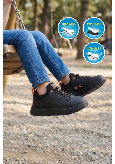 Walkway Siyah-turuncu Lastik Bağcıklı Comfort Rahat Tabanlı Erkek Çocuk Sneaker Balase F Siyah - Turuncu
