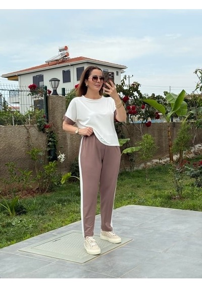 Modi Kadın Modal Dokulu Kumaş Yanı Şeritli Takım Kahve