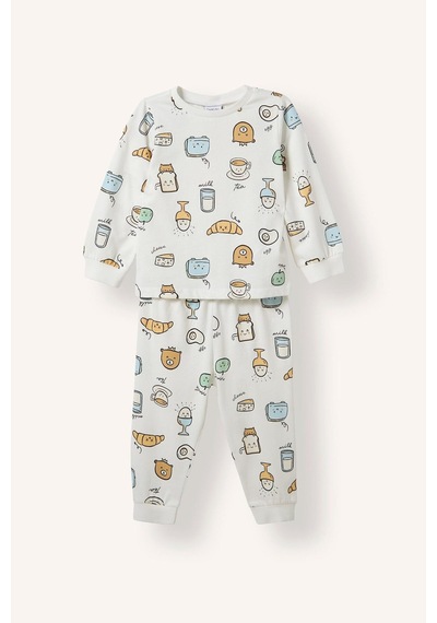 Defacto Baskılı Uzun Kollu Üst Elastik Bel Alt 2li Pijama Takımı Erkek Bebek H6539a526auer233 Ekru-er233