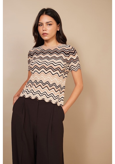 Zigzag Desenli Kısa Kol Bisiklet Yaka Triko Kazak CAMEL
