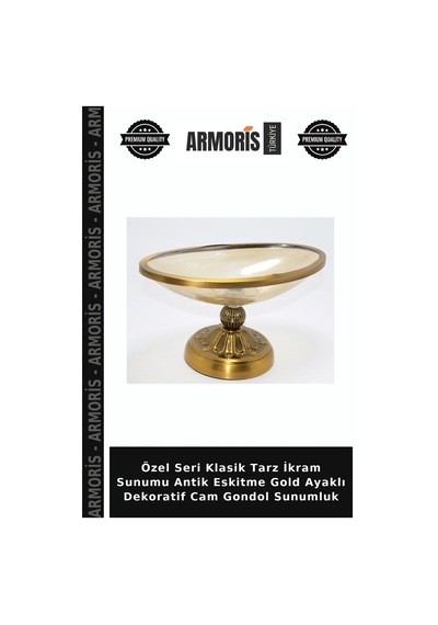 Özel Seri Klasik Tarz İkram Sunumu Antik Eskitme Gold Ayaklı Dekoratif Cam Gondol Sunumluk