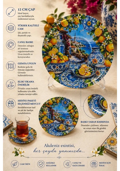 6 Lı Cam Çay Tabağı Akdeniz Esintili Portakal Ve Mavi Çini Desenli 6 Adet Çay Tabak Turuncu