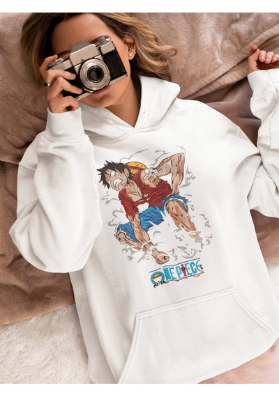 Sevbano Monkey D. Luffy Baskılı Unisex Oversize One Piece Anime Hoodie beyaz