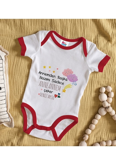 Bk Gift Bk Kids Kişiye Özel Anneannem Tasarımlı Kırmızı Bebek Body Zıbın-1 Çok Renkli