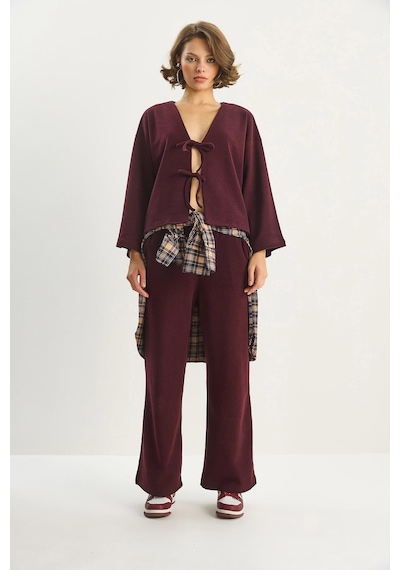 Shade Kadın Bağlama Detaylı Kimono Yüksek Bel Bol Pantolon Selanik Takım 7028 60283640 - Bordo