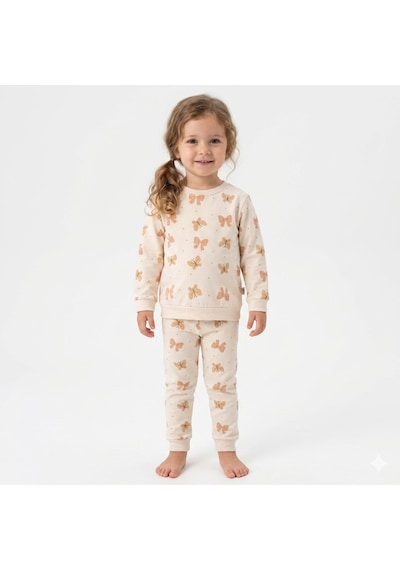 Kız Çocuk Kelebek Desenli %100 Pamuk İnterlok Kumaş Pijama Takımı 3-6 Yaş Krem