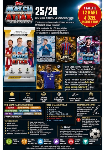 Topps Match Attax 25/26 Uefa Futbol Koleksiyon Kartı 1 Adet Sürpriz Paket 12 Kart 4 Özel Insert