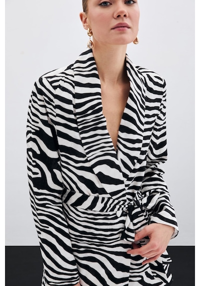 Sateen Kuşaklı Zebra Ceket - Siyah-135434 Siyah