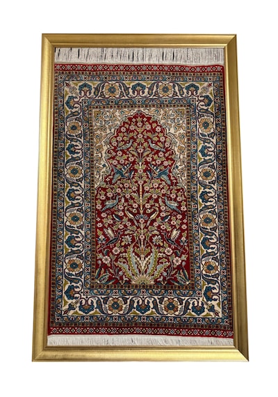 El Dokuma Saf İpek Halı Koleksiyonluk Tablo 75x110 Hayat Ağacı Modeli %100 Has İpek Kırmızı