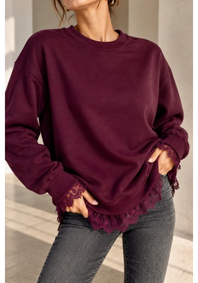 Bb Butik Basic Dantel Detaylı 3 İplik Şardonlu Kadın Sweatshirt My3535 Bordo