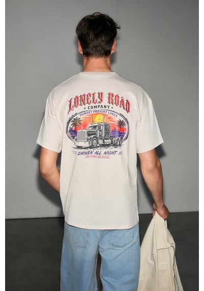 Grimelange Espada Erkek %100 Organik Pamuklu Yuvarlak Yakalı Baskı Detaylı Vanilya T-shirt Açık Krem