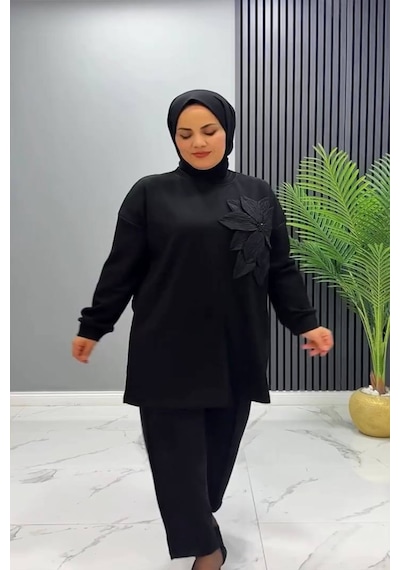 Vioshine Vıoshıne Kadın Çiçek Motifli Modal Kumaş İkili Takım Siyah