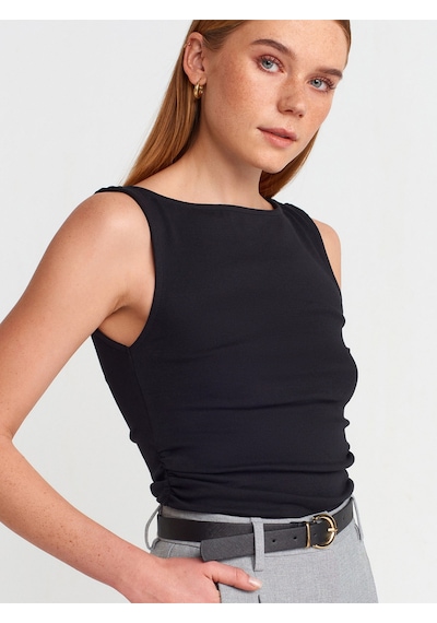 DİLVİN Dilvin Kadın 31589 Büzgülü Kayık Yaka Top Siyah Bluz-101a31589