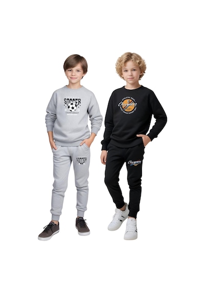 Fyk Kids 2'li Erkek Çocuk Yuvarlak Yaka Baskı Detaylı Eşofman Takımı Gri - Siyah