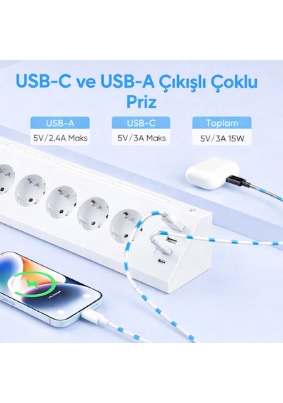 Akım Korumalı 5 Li Köşe Çoklu Priz 2 Usb-a 2 Usb-c Gece Lambalı Dokunmatik 2 Metre Kablo 3680w 1 - 3 M