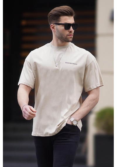 Madmext Bej Oversize Baskılı Erkek Tişört 6192-bej Bej