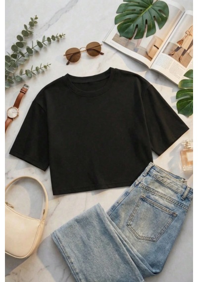 Kadın Siyah Bisiklet Yaka Oversize Crop Tişört - %100 Pamuklu Basic Kısa Kol Siyah Kadın Siyah Bisiklet Yaka Oversize Crop Tişört - %100 Pamuklu Basic Kısa Kol Siyah
