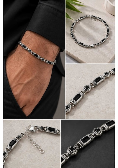 Rodyum Gümüş Kaplama B-104 Kromix Çelik Erkek Bilelik 1+1 Gravürlü Otantik Siyah Zirkon Taşlı Harfli 5 Mm Gümüş