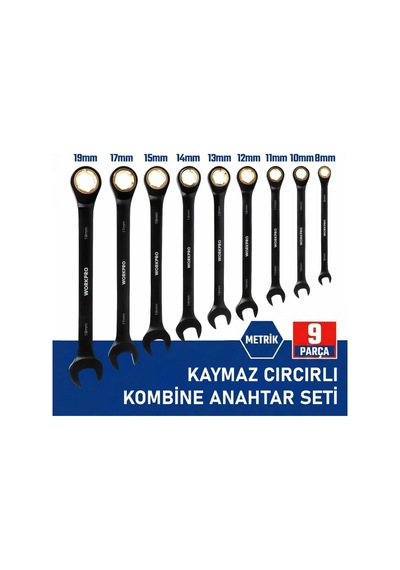 Wp202602 8-19mm 9 Parça Cr-v Profesyonel Cırcır Kombine Anahtar Takımı + Bez Taşıma Kılıfı