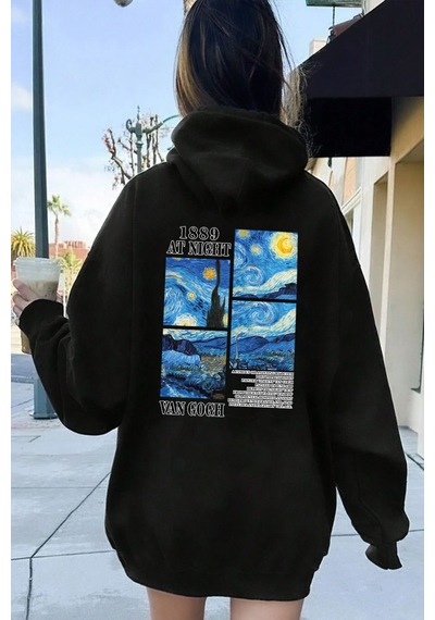Vangogh Baskılı Oversize Sweatshirt Siyah
