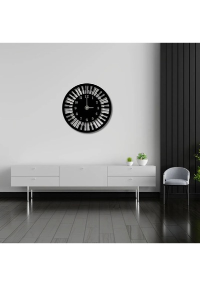 Metal Duvar Saati Piyano Tuşe Detaylı Dekoratif Saat Siyah-58 X 58
