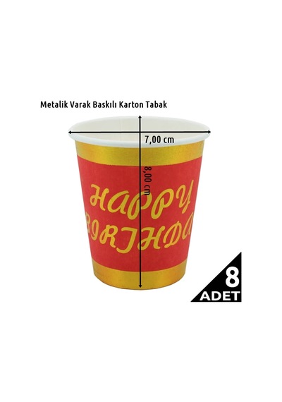 Varak Baskılı. Happy Birthday Karton Bardak. Kırmızı - 8 Adet