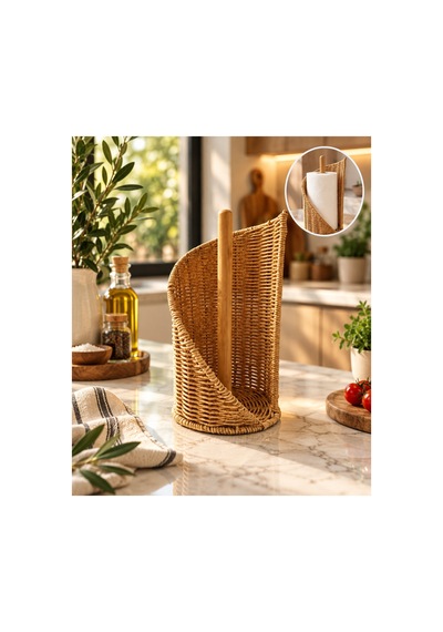 Rattan Kâğıt Havluluk Standlı Bambu Direkli Mutfak Kâğıt Havlu Tutacağı Dekoratif Havluluk Bambu Havluluk Bej Bej