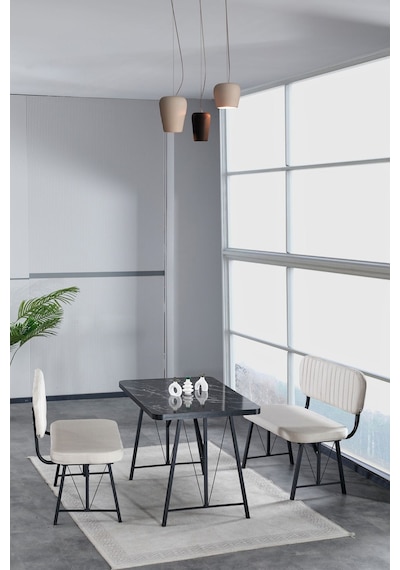 Hayat 70x110 Bendir Mutfak Masası, Mutfak Masası Takımı, Yemek Masası, 2 Benchli - Krem Krem