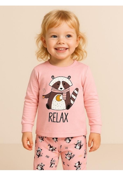 Kız Çocuk Pamuklu Hayvan Baskılı Pijama Takımı-16053 Pembe