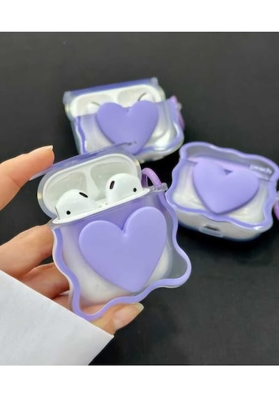 Apple Uyumlu iPhone Pro/pro2 Nesil  Koruyucu Bluetooth Kulaklık Kılıfı Figürlü Kalp Mor Airpods Pro/pro2 Nesil