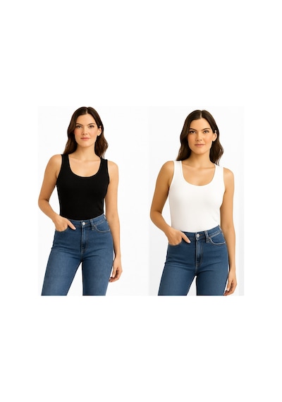 İngegno Body Geniş Bisiklet Yaka Örme Kumaş Viskon Body 2 Li Paket Beyaz - Siyah