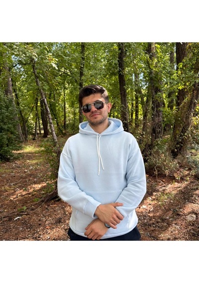Erkek 3 İplik Basic Oversize Kanguru Cepli Kapüşonlu Sweatshirt Açık Mavi