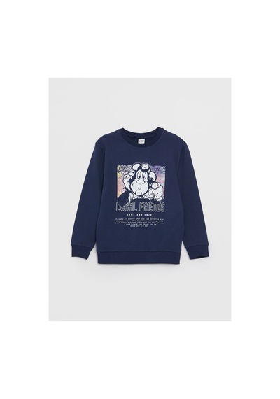 LC Waikiki Bisiklet Yaka Nostaljik Maymun Baskılı Uzun Kollu Erkek Çocuk Sweatshirt NAVY