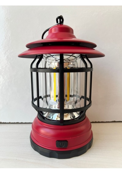 Borayris Pilli Kırmızı Retro Kamp Lambası Vintage Cob Led Askılı Çadır Feneri