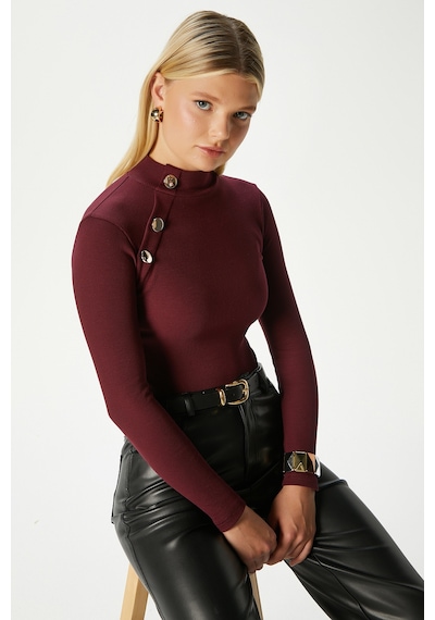 Ritnice Kadın Gloria Gold Düğmeli Uzun Kollu Bordo Fitilli Pamuk Bluz Bordo
