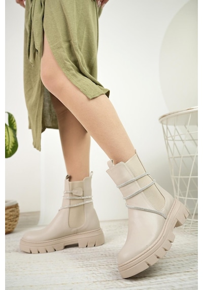 Nesil Shoes Fncy 205 Bej Çift Lastikli Kadın Bot-bej Bej