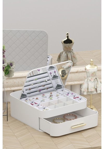 Makri Home Şık Ve Fonksiyonel Aynalı Takı Organizeri, Çekmeceli, Otomatik Açılır Aynalı Tasarım 22x20x8 Cm Beyaz