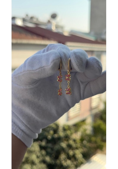 Kadın Gold Renk Sallantılı Pembe Kelebek Model Küpe Gold