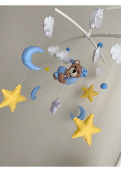 Müzik - Aparat Dahil Kahverengi Ayıcık Figürlü Mavi Sarı El Yapımı Erkek Bebek Beşik Dönencesi