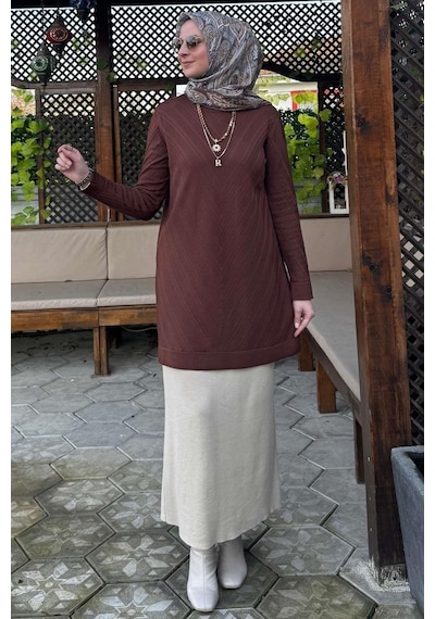 Rabia Şamlı Damla Triko Tunik Kahve Çok Renkli
