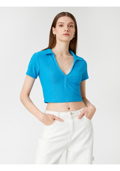 Koton Polo Yaka Crop Tişört Uzun Kollu Mavi 3sak50066ek Mavi