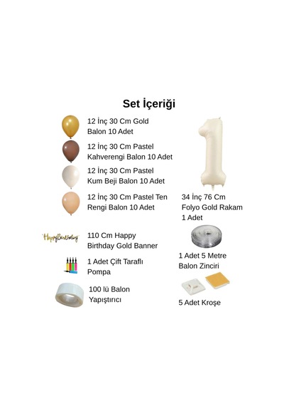 2 Yaş Pompa Hediyeli Doğum Günü Seti Banner Gold Kahverengi Kum Beji Ten Rengi Balonlar Krem Rakam Çok Renkli